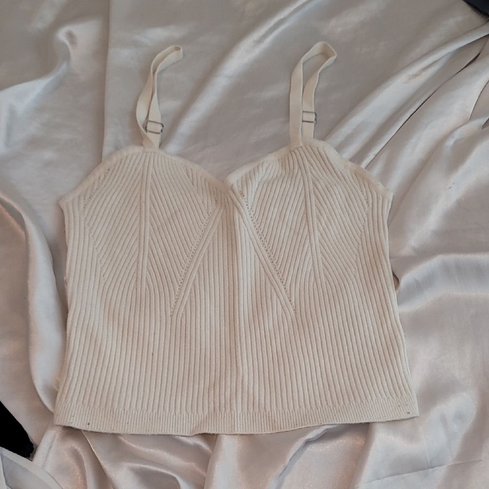 Cream Ribbed Knit Camisole Top with Adjustable Straps